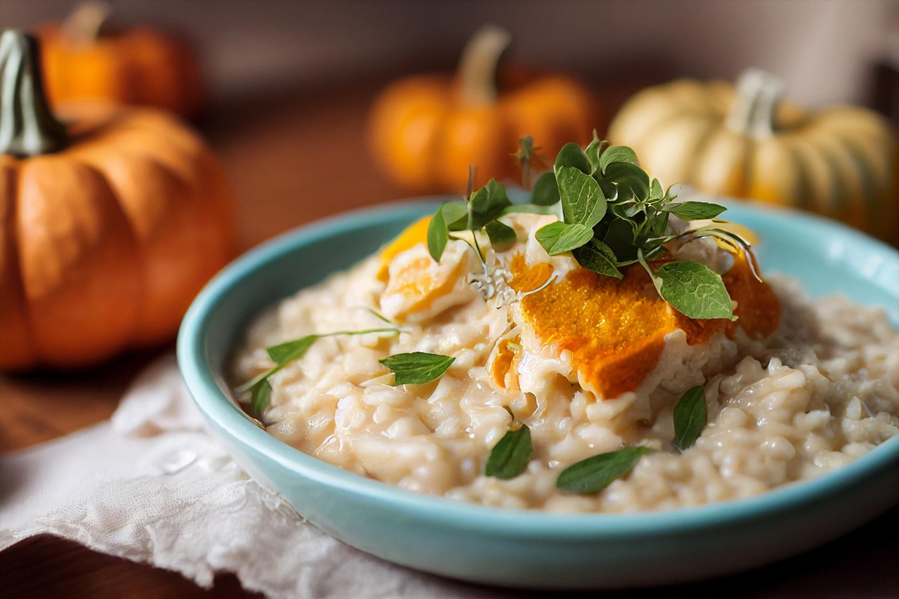 Risotto cremoso con zucca e speck, servito in un piatto caldo, decorato con erbe fresche.